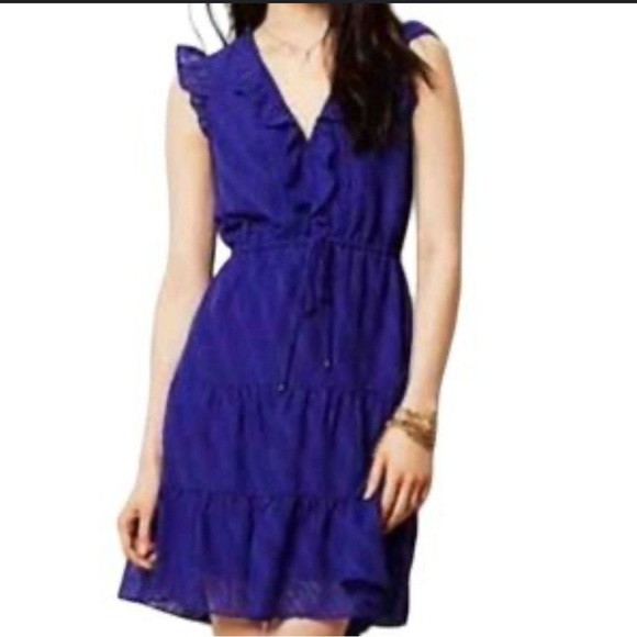 Anthropologie HD in París Blue Tiered Ruffle Swiss Dot Mini Dress size 6 - Picture 1 of 15